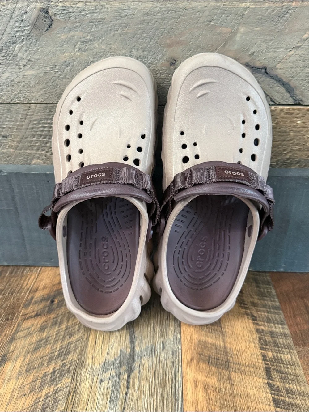 CROCS Slip-On Clogs in Taupe with Dark Brown Strap. Run a little big.